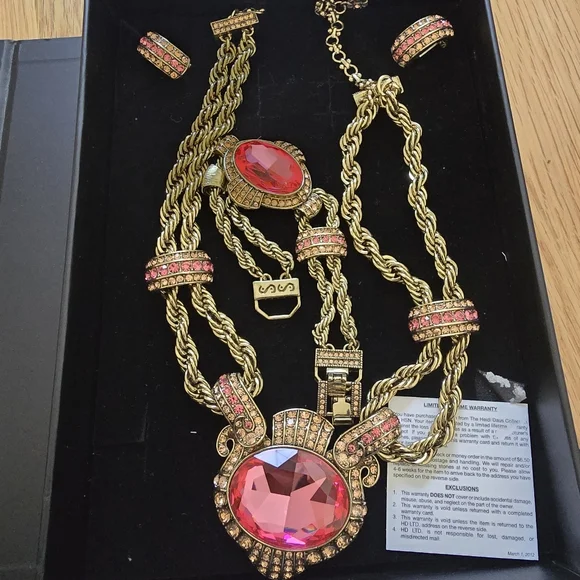 Heidi Daus Gold and Pink Statement Necklace, Earring, Bracelet Set - Picture 1 of 13